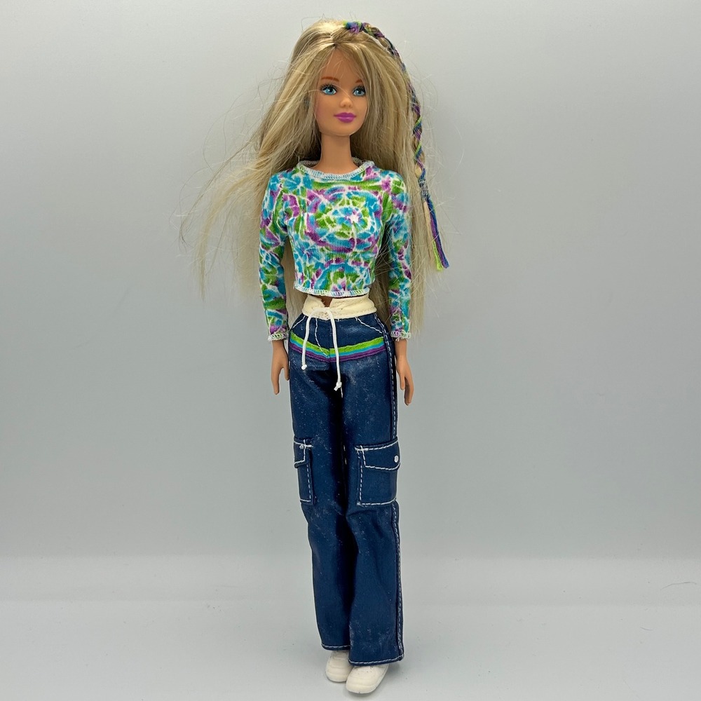 Vintage 1993 Mattel Tie Dye Barbie Doll Blonde Braid Blue Cargo Pants 11.5 Inch